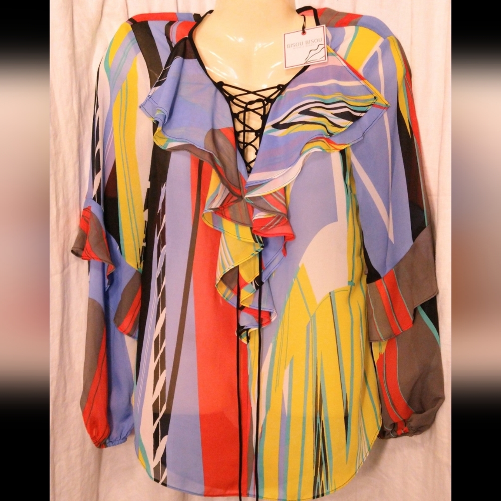 Bisou Bisou Broken Geo Print Semi Sheer Ruffled Blouse Women's Size M